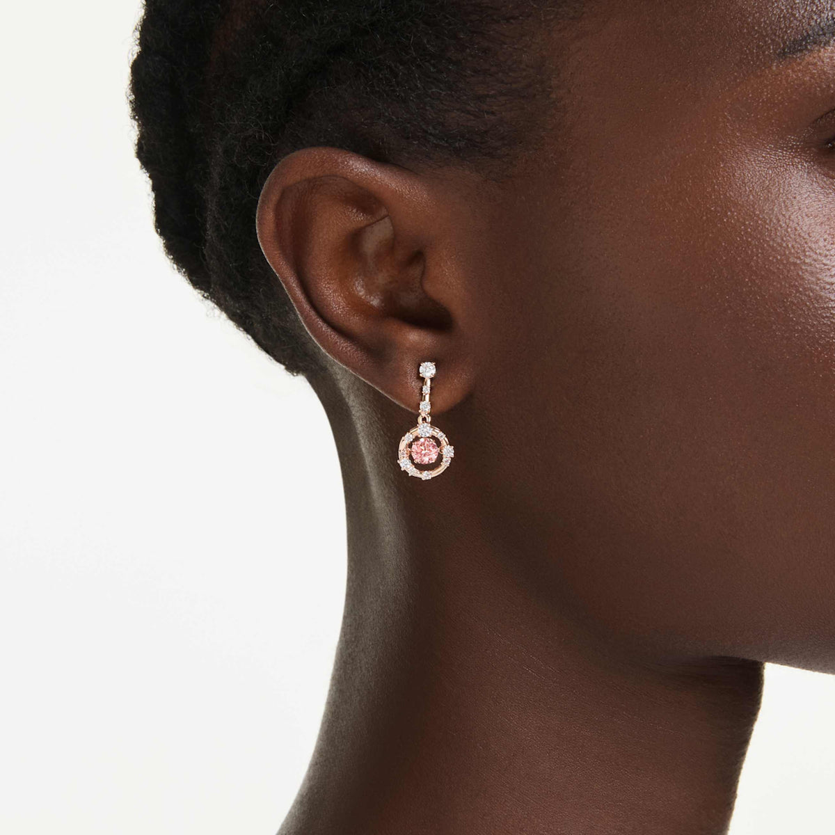 CONSTELLA DROP EARRINGS ROUND CUT DANCING STONE PINK ROSE GOLD TONE PLATED