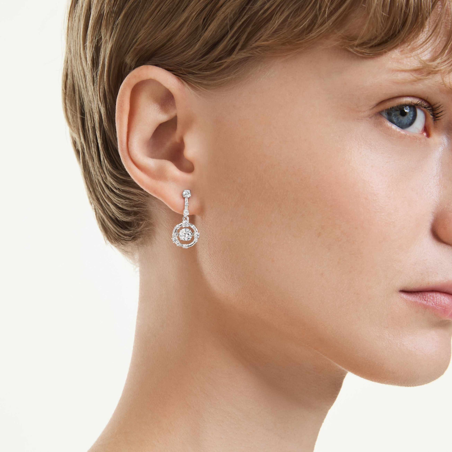 CONSTELLA DROP EARRINGS ROUND CUT DANCING STONE WHITE RHODIUM PLATED
