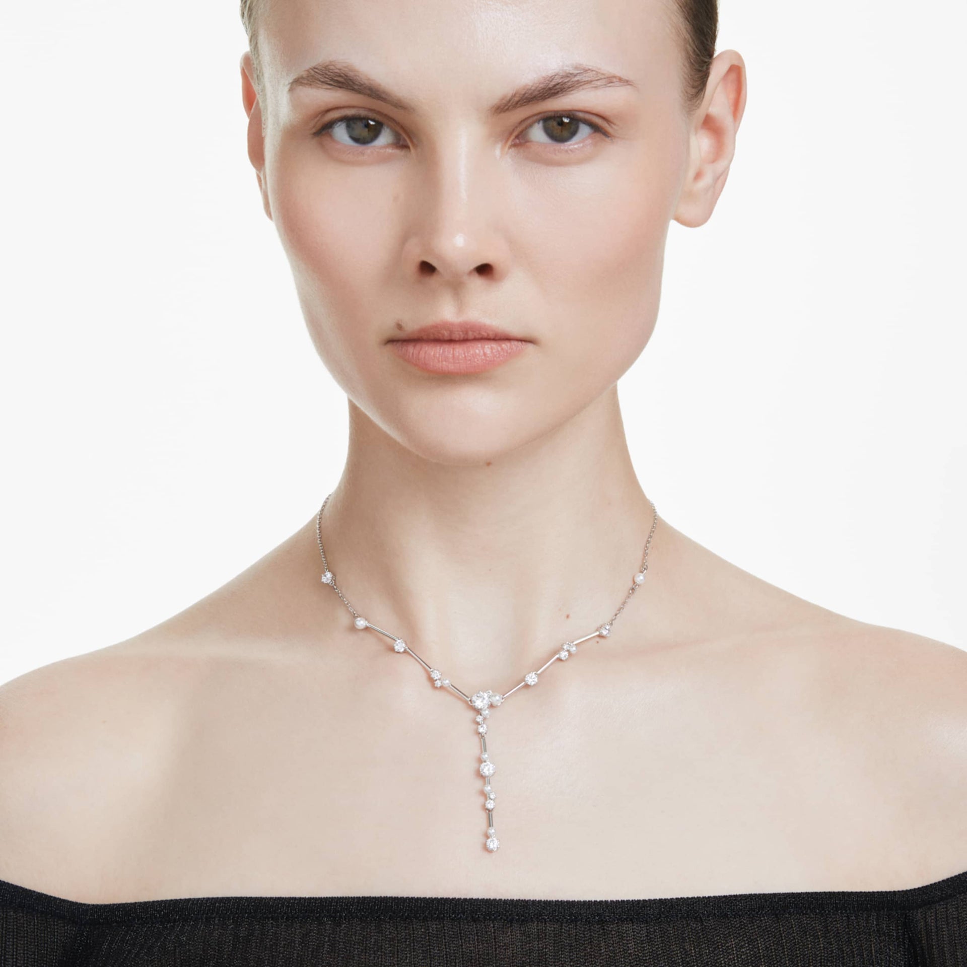 CONSTELLA Y NECKLACE CRYSTAL PEARL ROUND CUTS WHITE RHODIUM PLATED