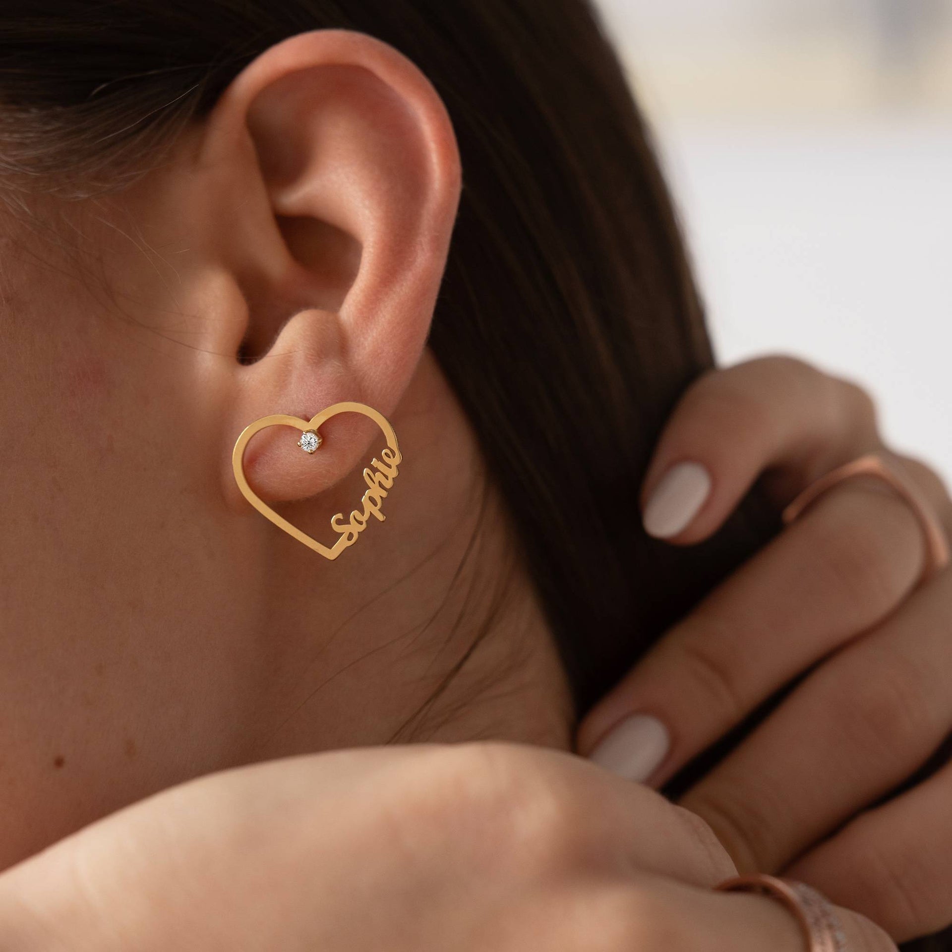 Contour Heart Name Earrings with 0.05CT Diamond in 18K Gold Plating