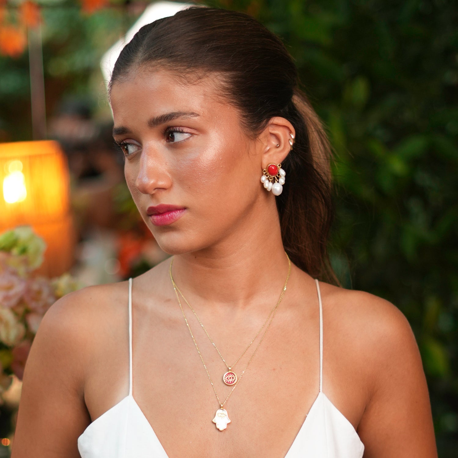 Coral Blossom Pearl Cluster Drop Earrings - Red