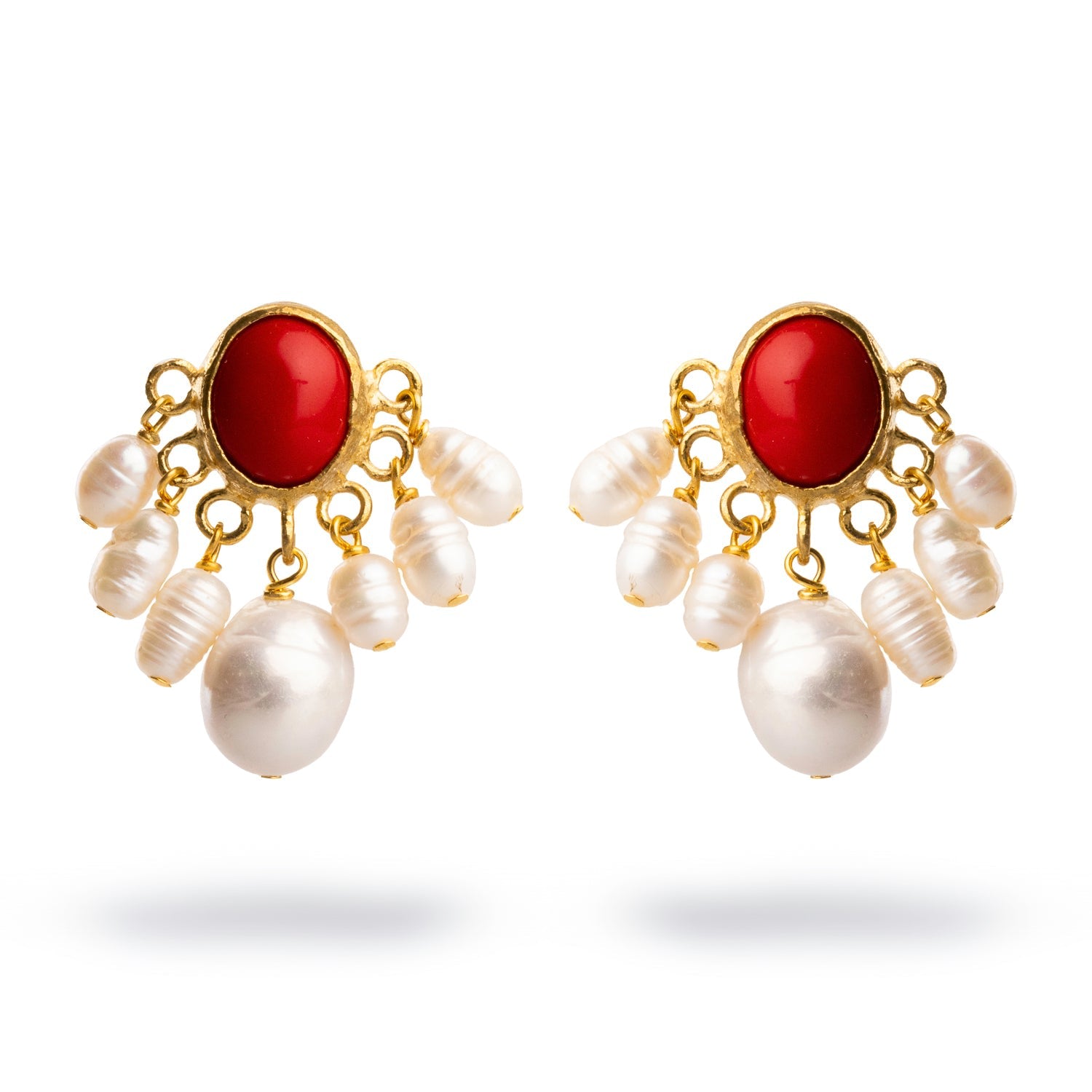 Coral Blossom Pearl Cluster Drop Earrings - Red