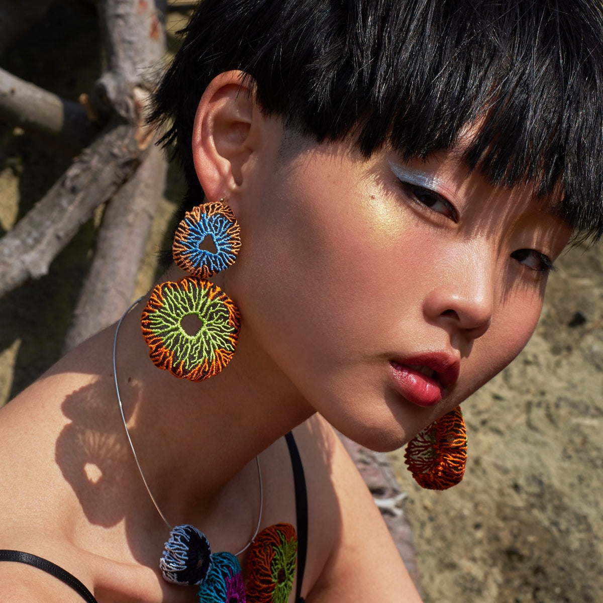 Coral Egg Embroidery Earrings - Orange