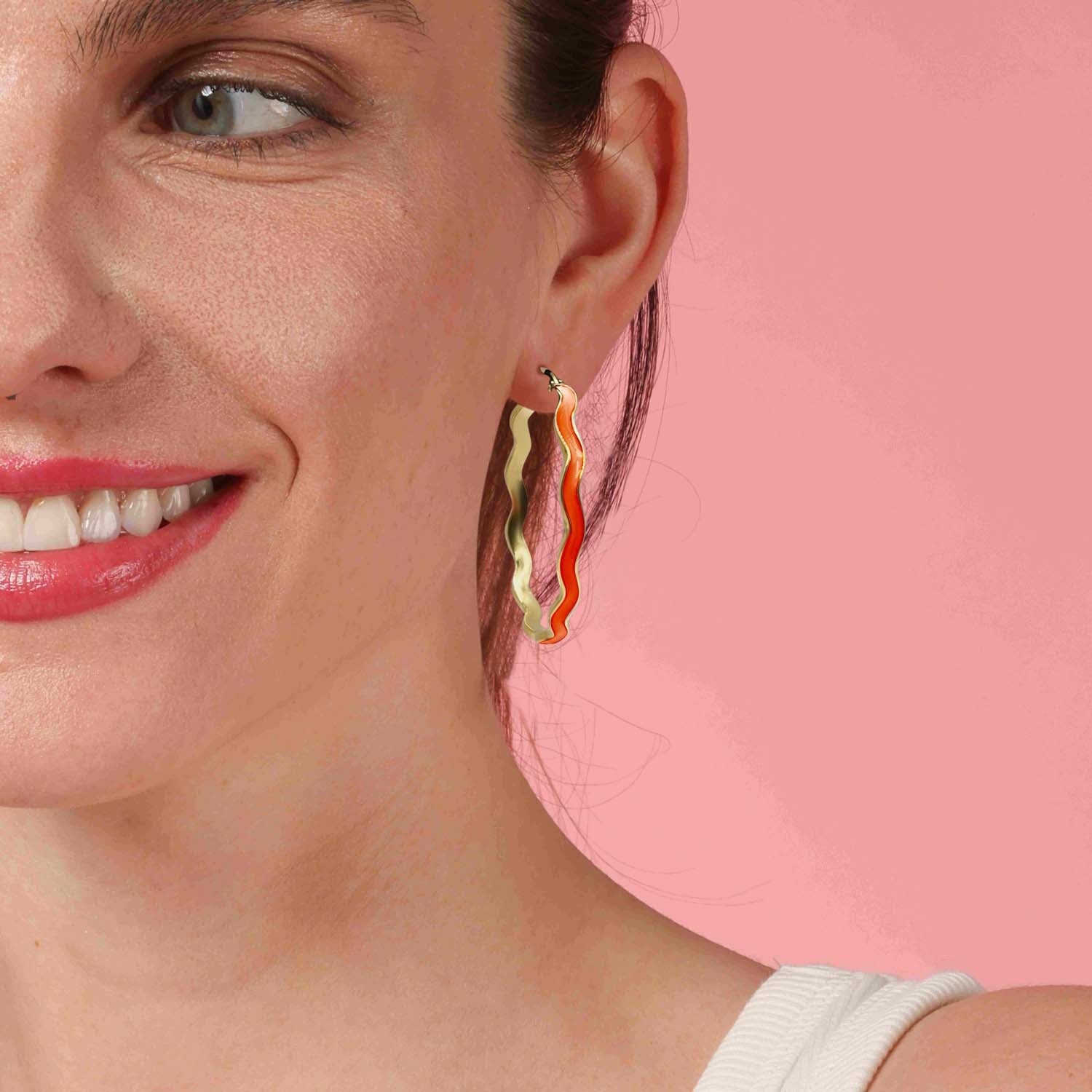Coral Enamel And Gold Wavy Hoop Earrings