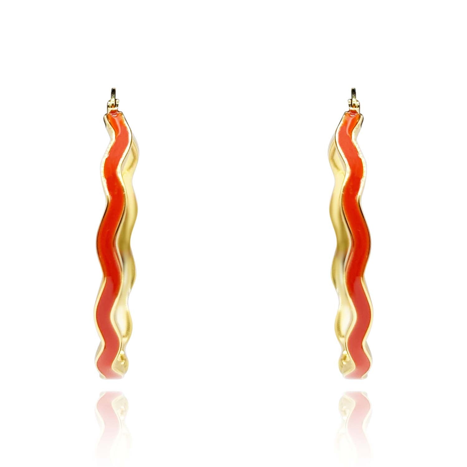 Coral Enamel And Gold Wavy Hoop Earrings