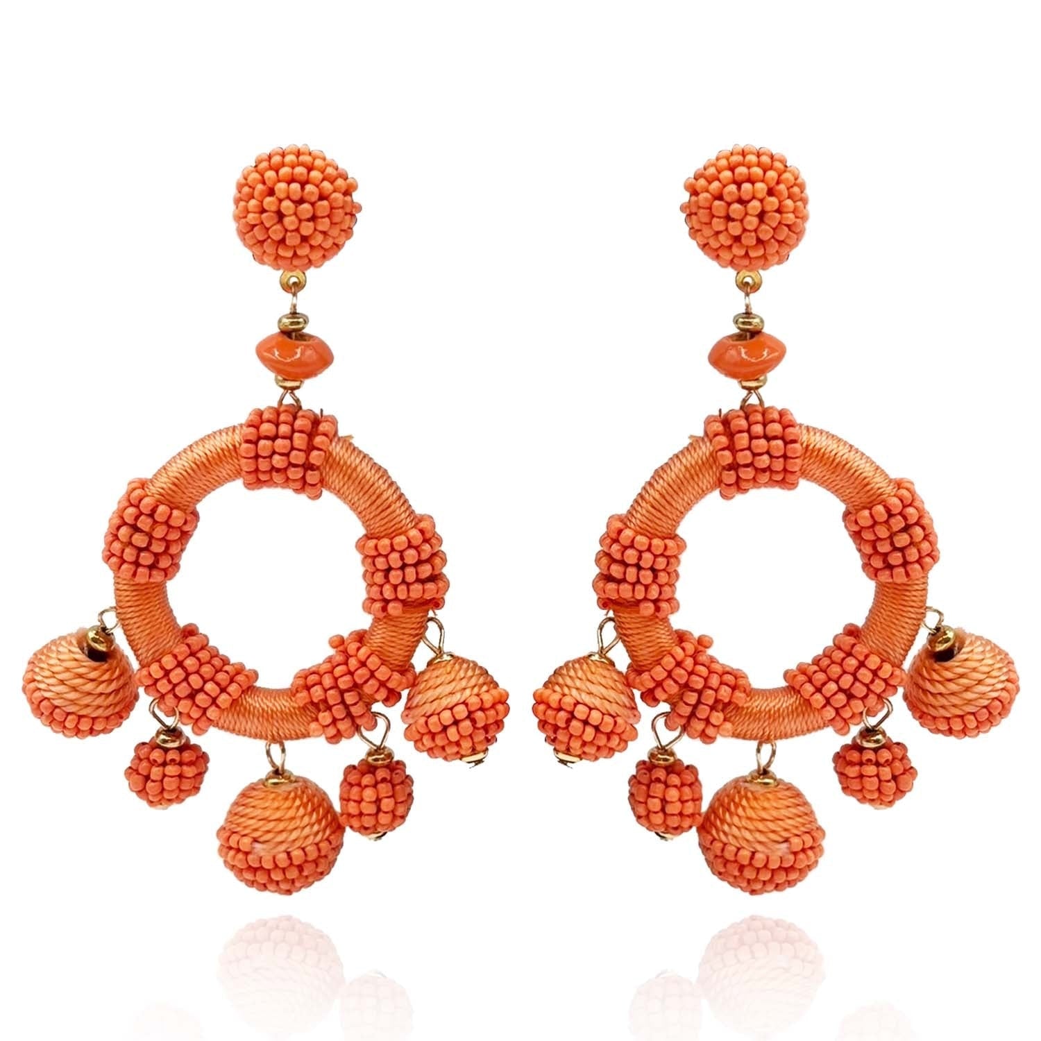 Coral Silk Hand Beaded Drop Earrings