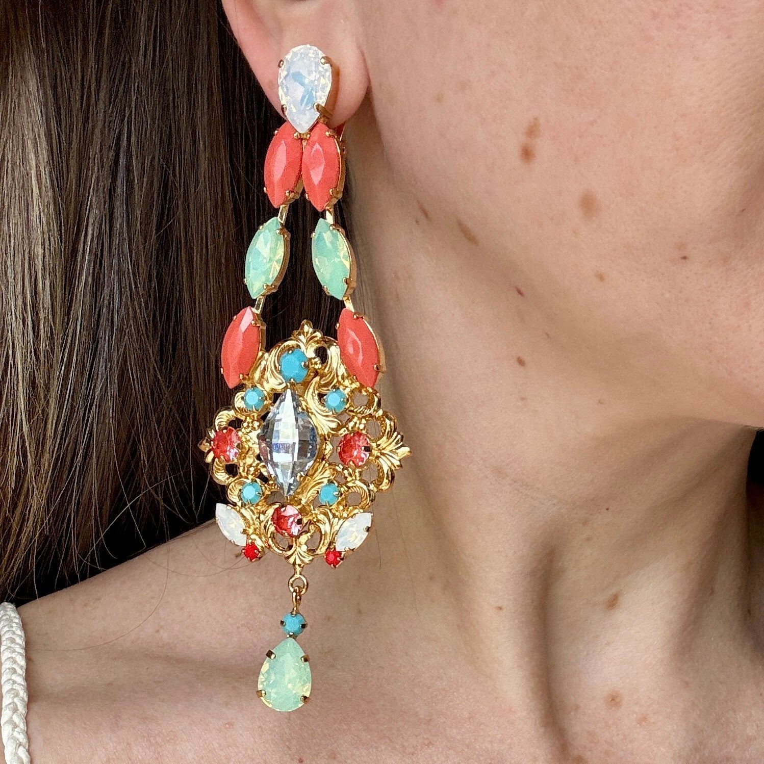 Coral Turquoise Chandelier Earrings