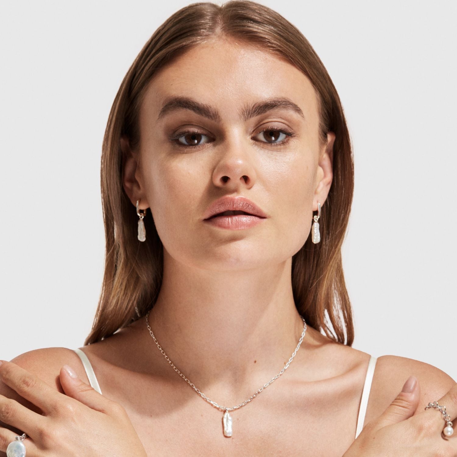 Aetia Long Baroque Pearl Hoop Earrings - Silver- Small