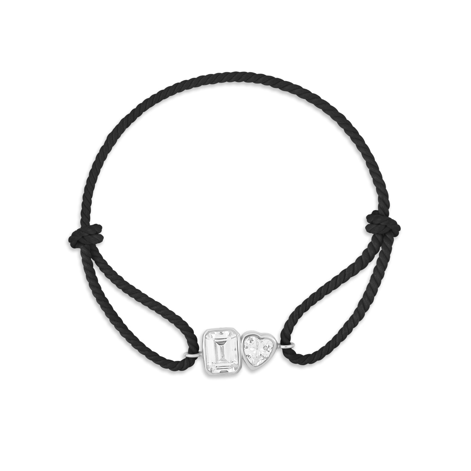 Cord Bracelet - Black & Silver One Heart & One Emerald Stone