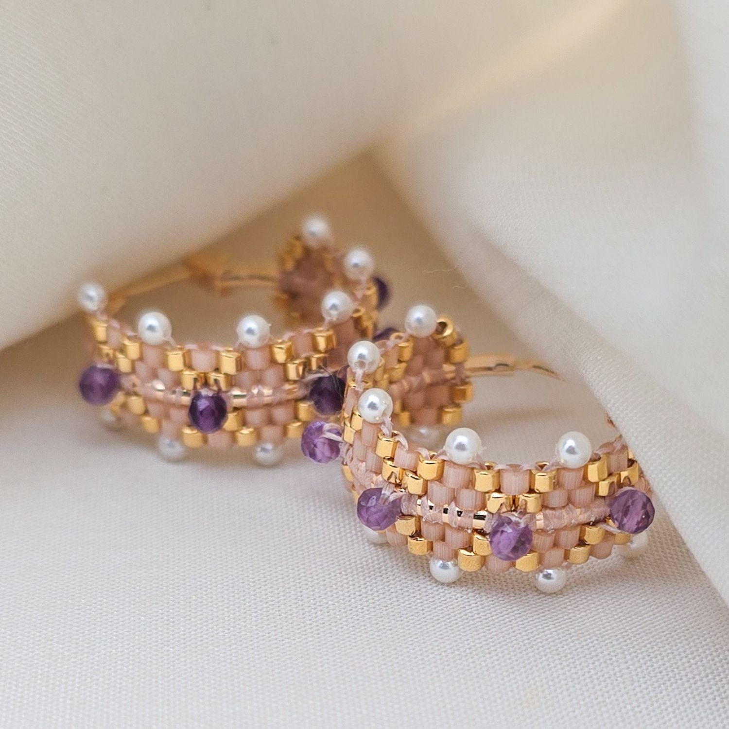 Coronet Beaded Gold Hoops With Amethyst