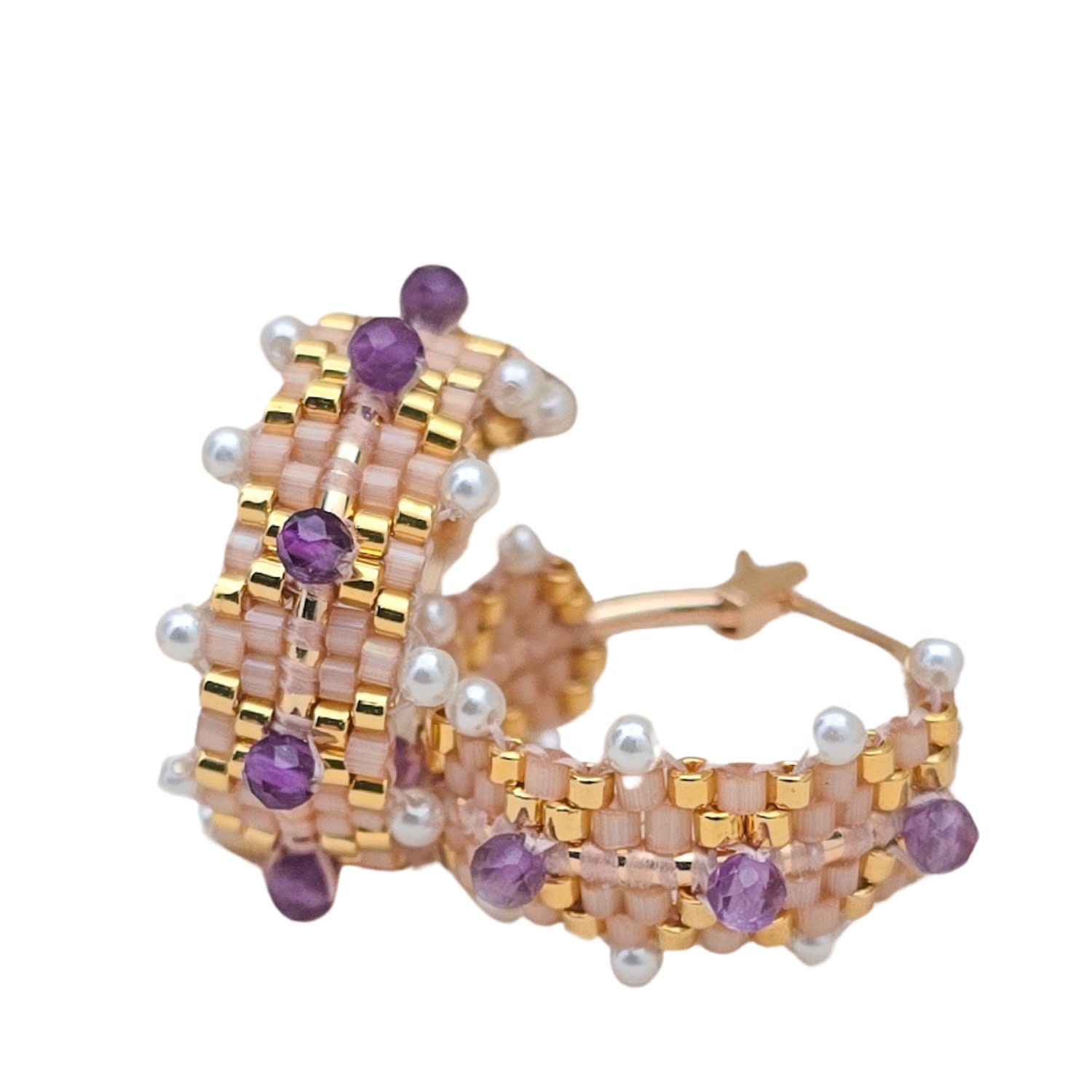 Coronet Beaded Gold Hoops With Amethyst