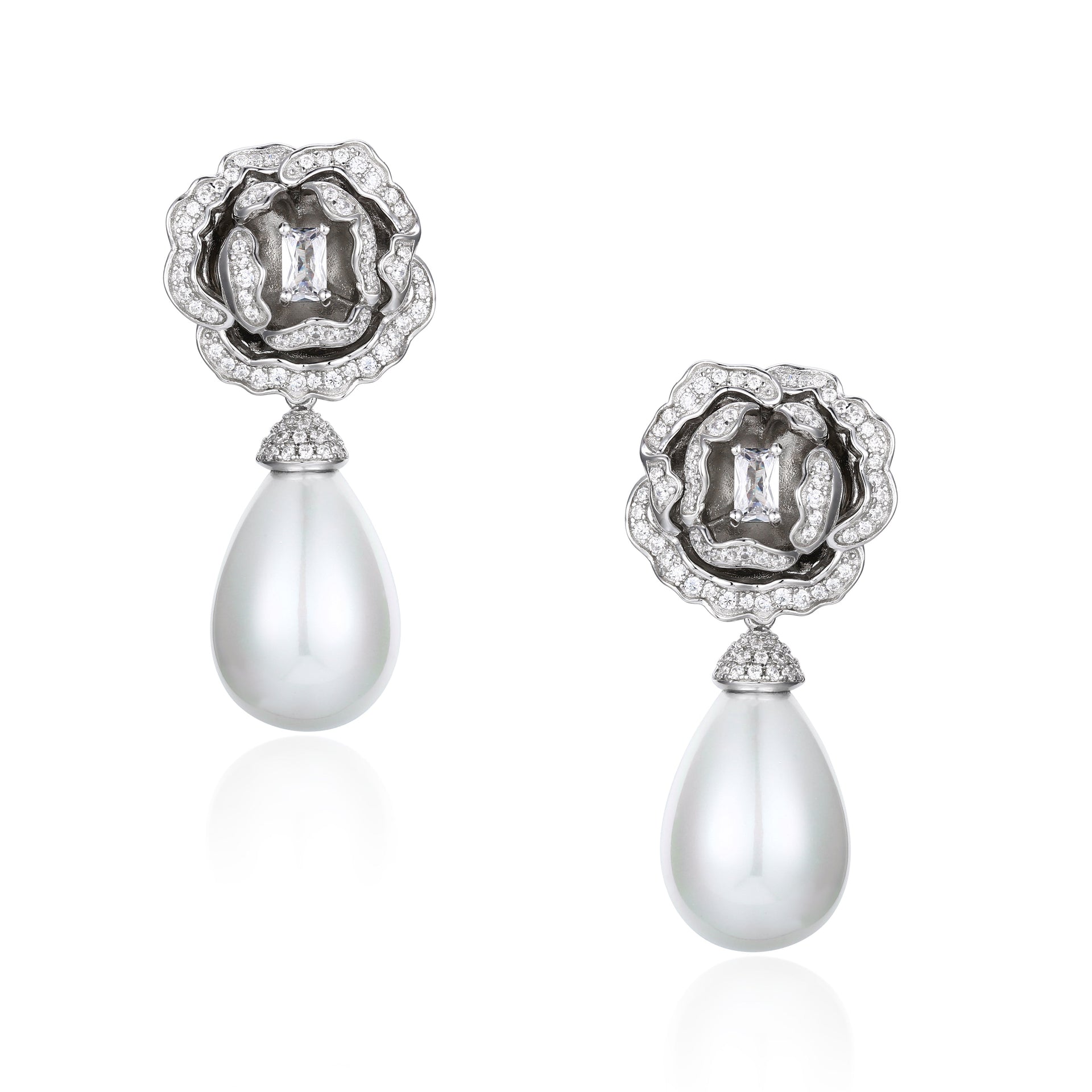 Countess Flower & Pearl Drop Silver Earrings