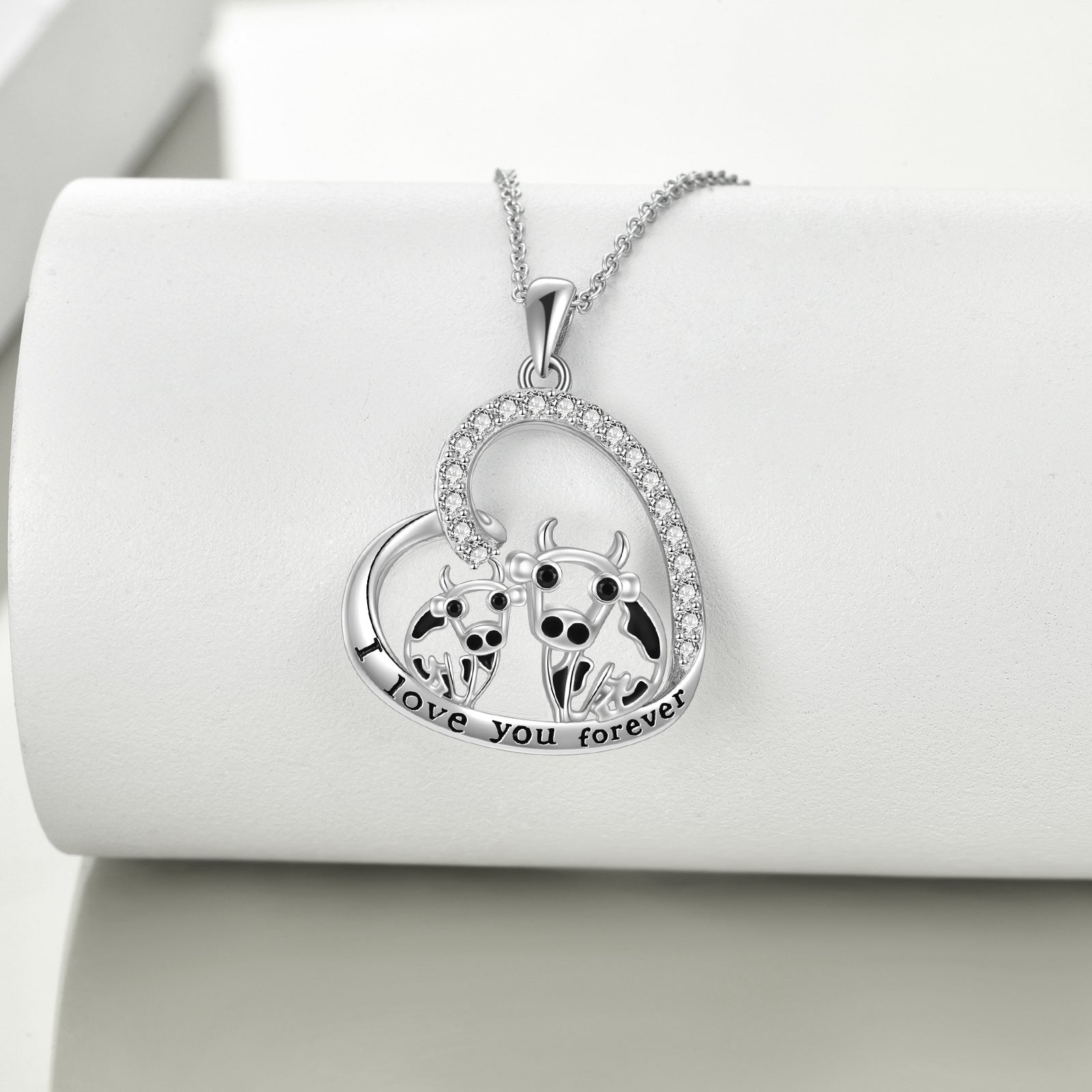 Sterling Silver Cubic Zirconia Cow & Heart Pendant Necklace for Women
