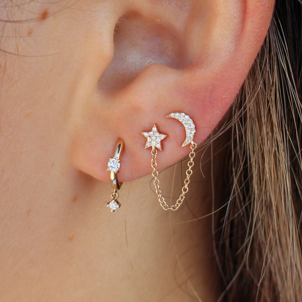 Gold Diamond Moon Star Chain Connecting Earring