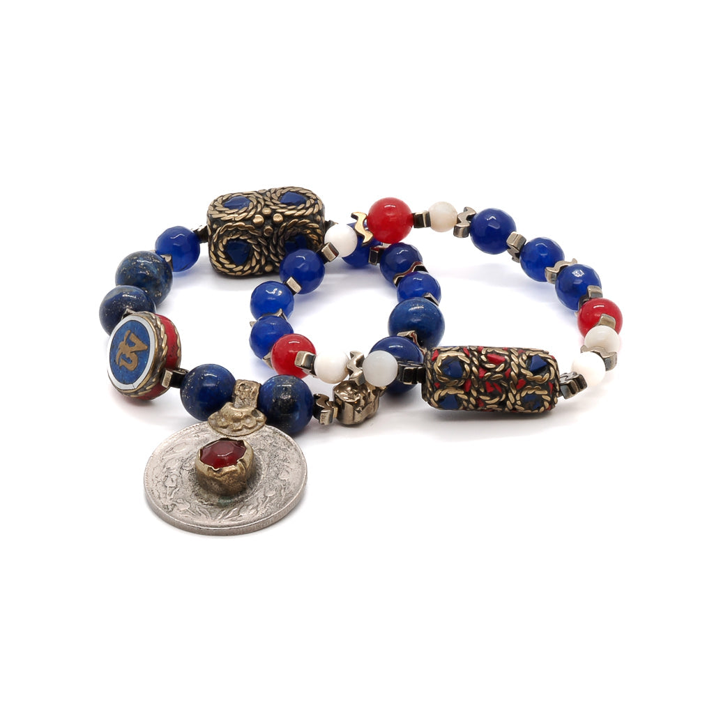 Lapis Lazuli Stone Tibetan Charms Unique Bracelet Set - Blue