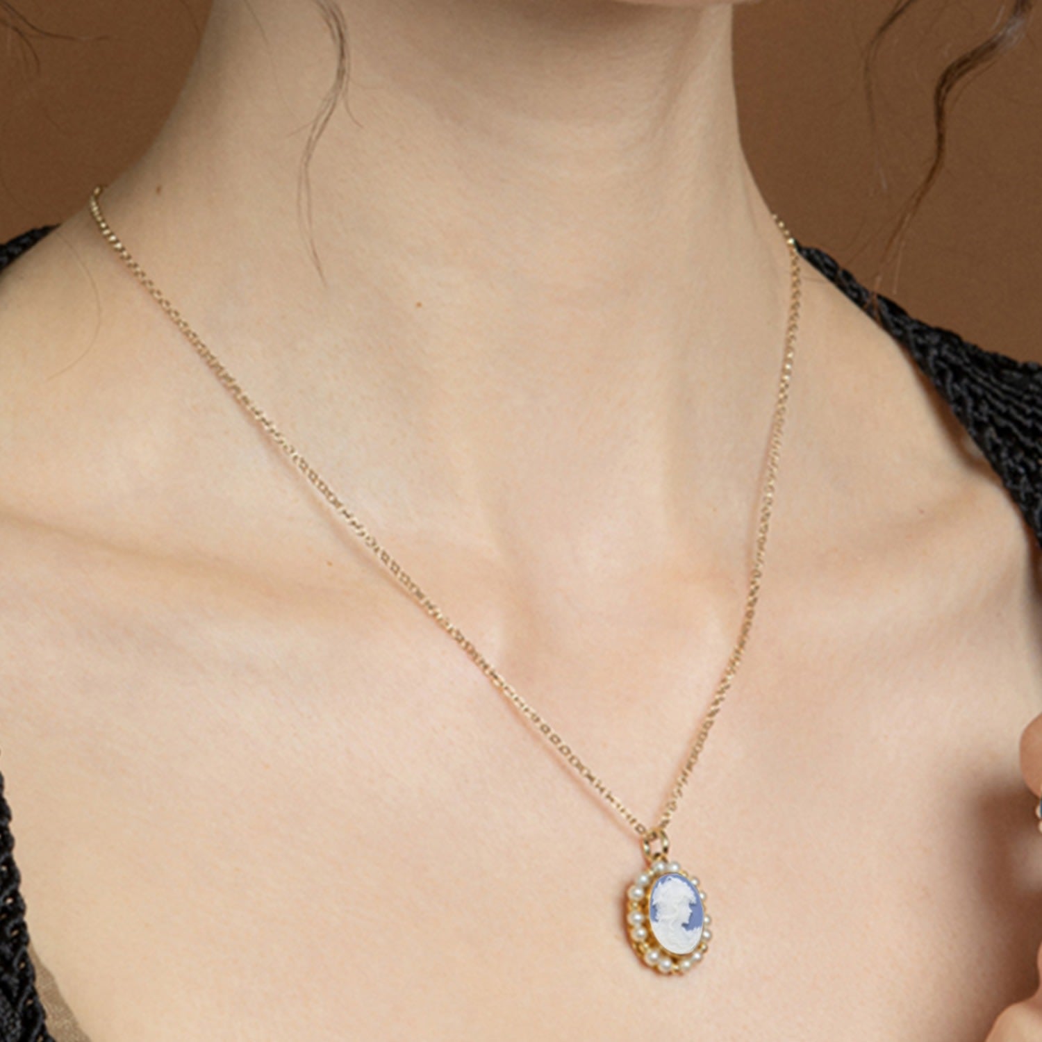 Little Lovelies Gold-Plated Sky Blue Cameo Pearl Necklace