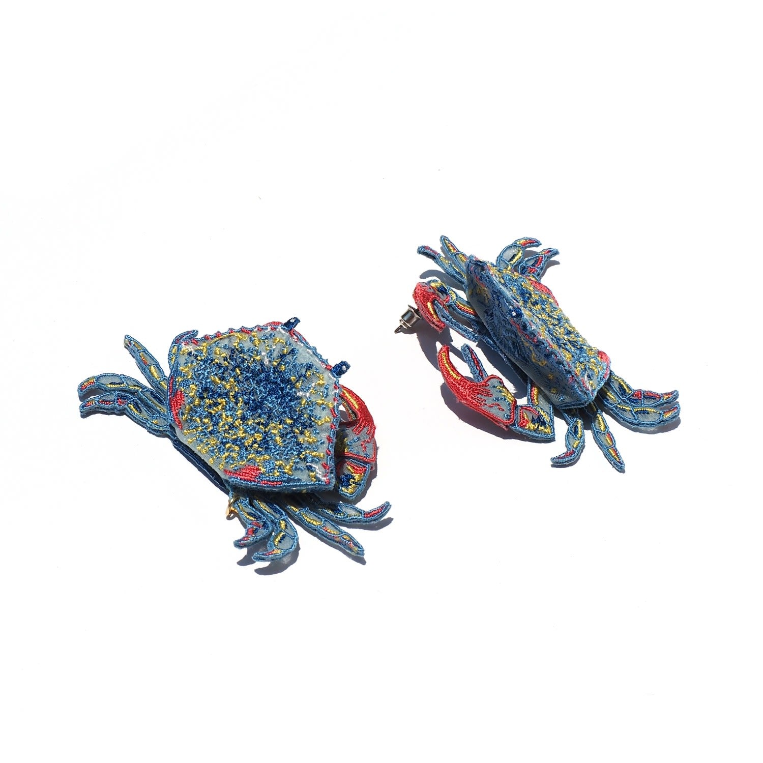 Crab Embroidery Earrings - Blue