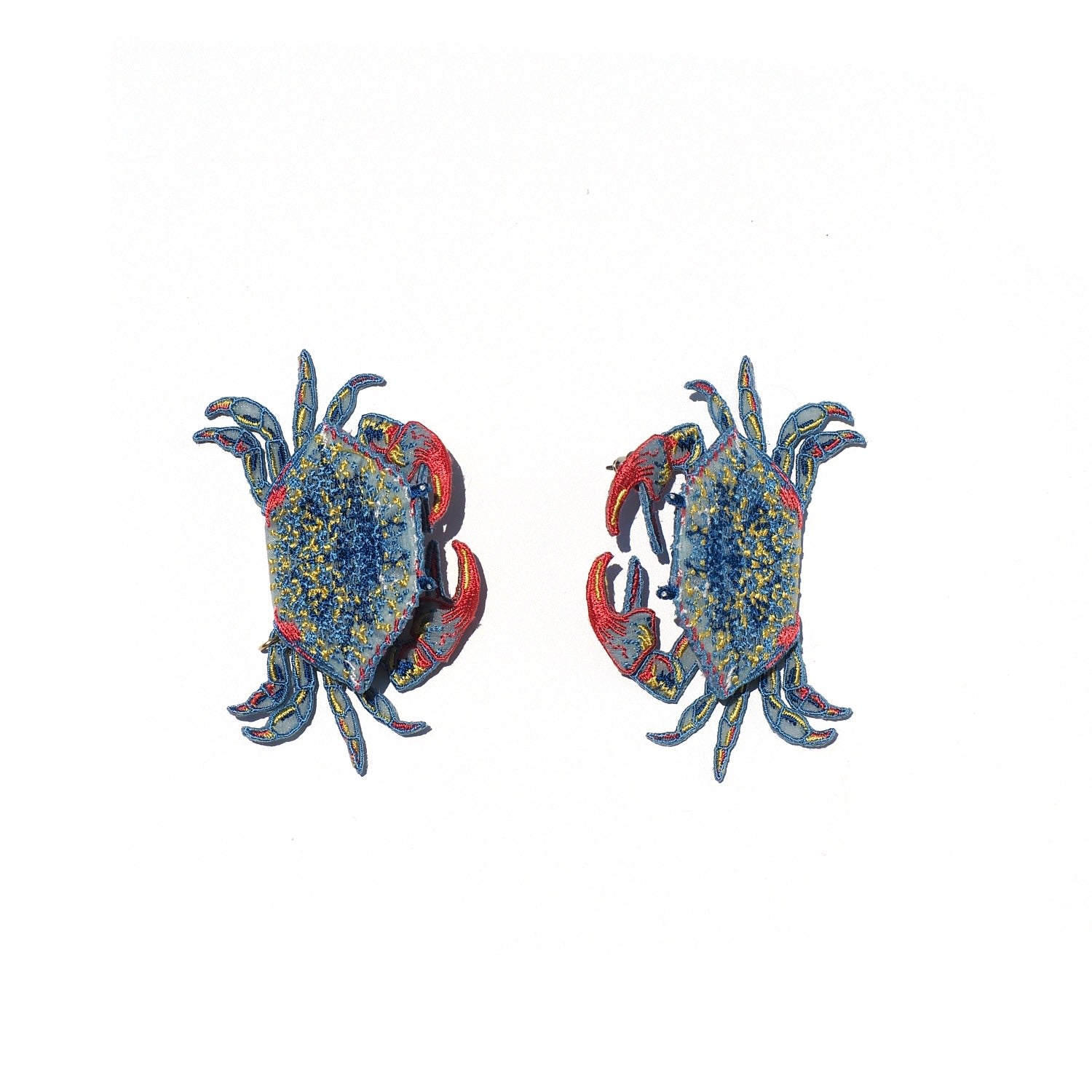 Crab Embroidery Earrings - Blue