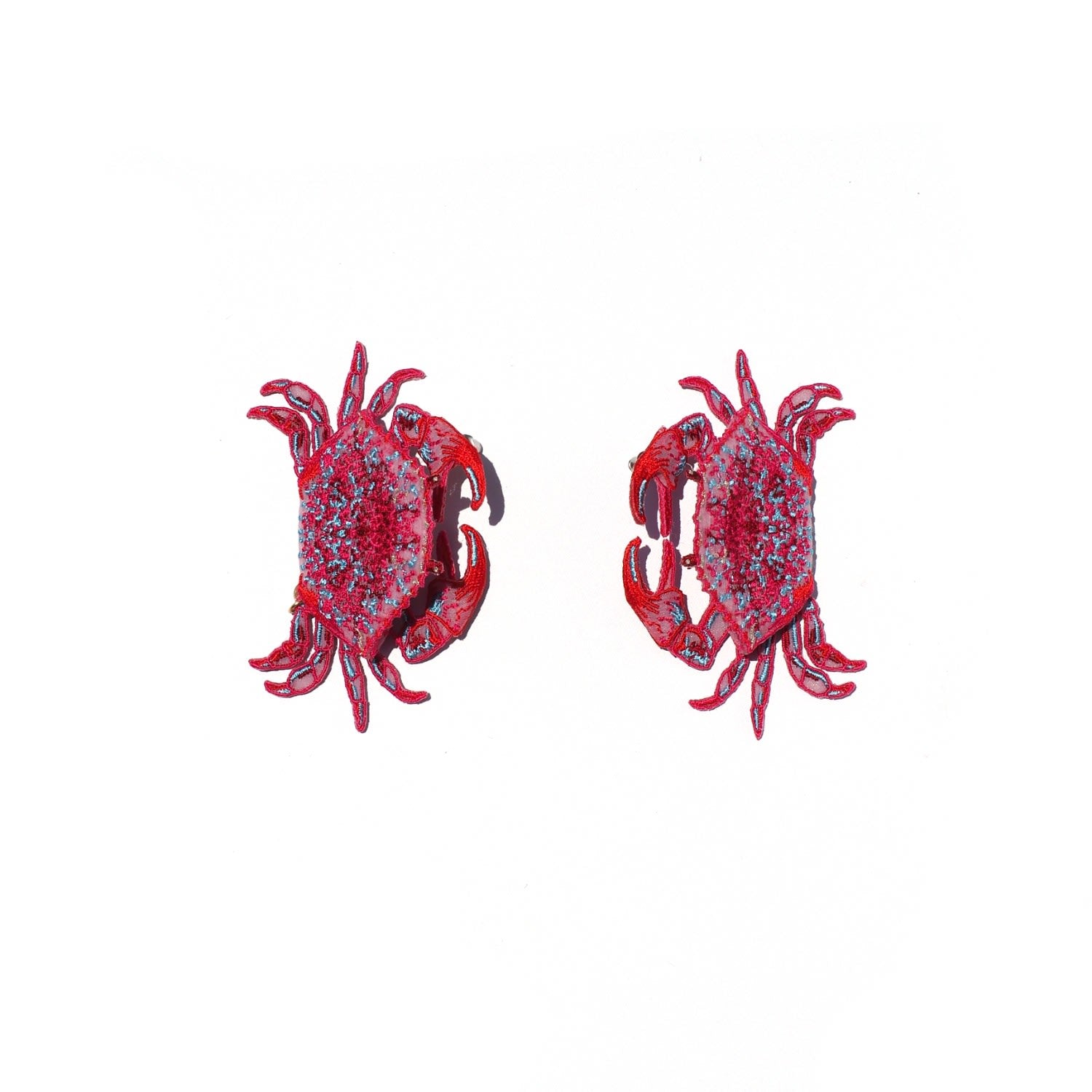Crab Embroidery Earrings - Red