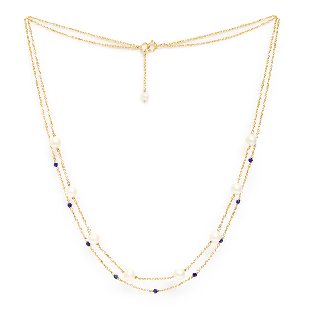 Credo Fine Double Chain Necklace With Cultured Freshwater Pearls & Lapis Lazuli