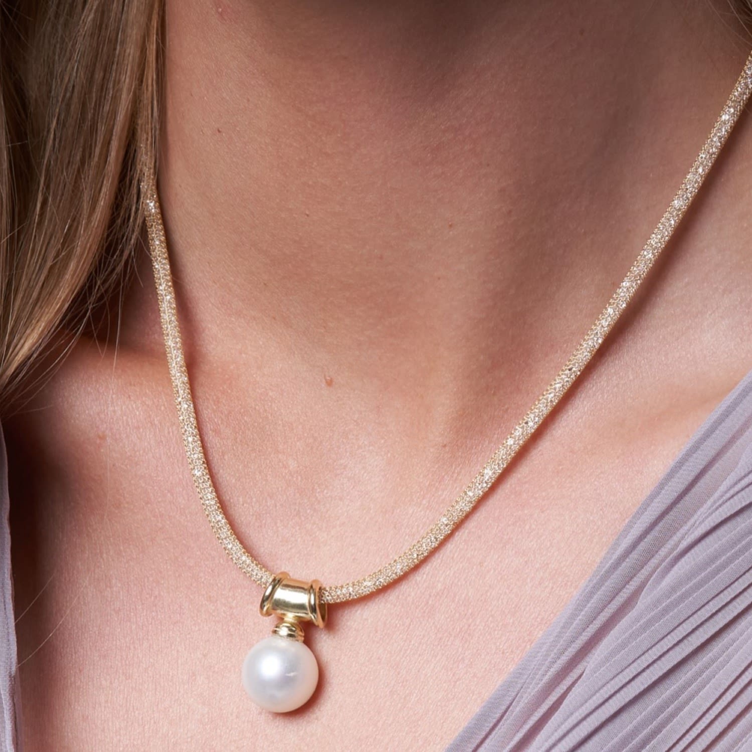 Credo Large Cultured Freshwater Pearl Pendant On Gold Plated Silver Bale On Gold Mesh Necklace