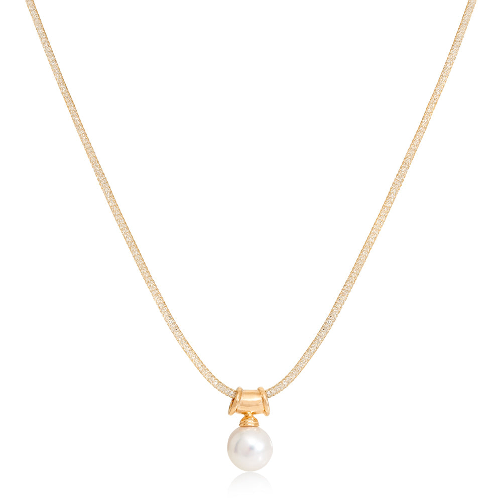 Credo Large Cultured Freshwater Pearl Pendant On Gold Plated Silver Bale On Gold Mesh Necklace