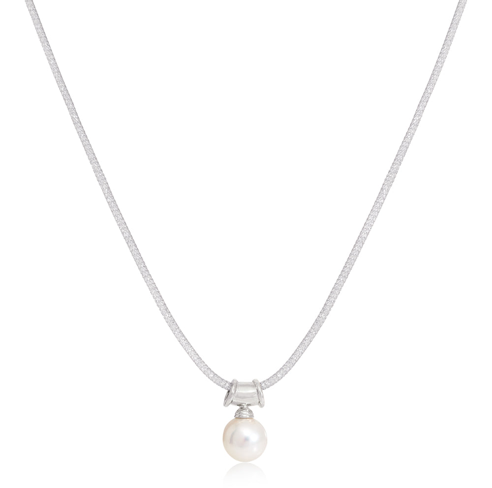 Credo Large Cultured Freshwater Pearl Pendant On Silver Bale On Silver Mesh Necklace