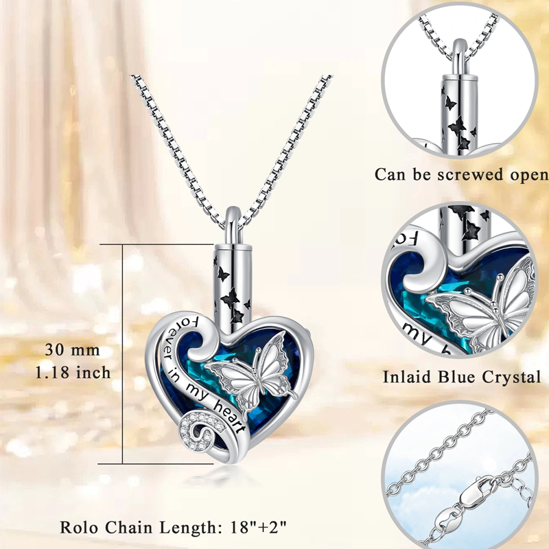 Cremation Keepsake Jewelry Sterling Silver Crystal Butterfly Heart Urn Necklace for Ashes