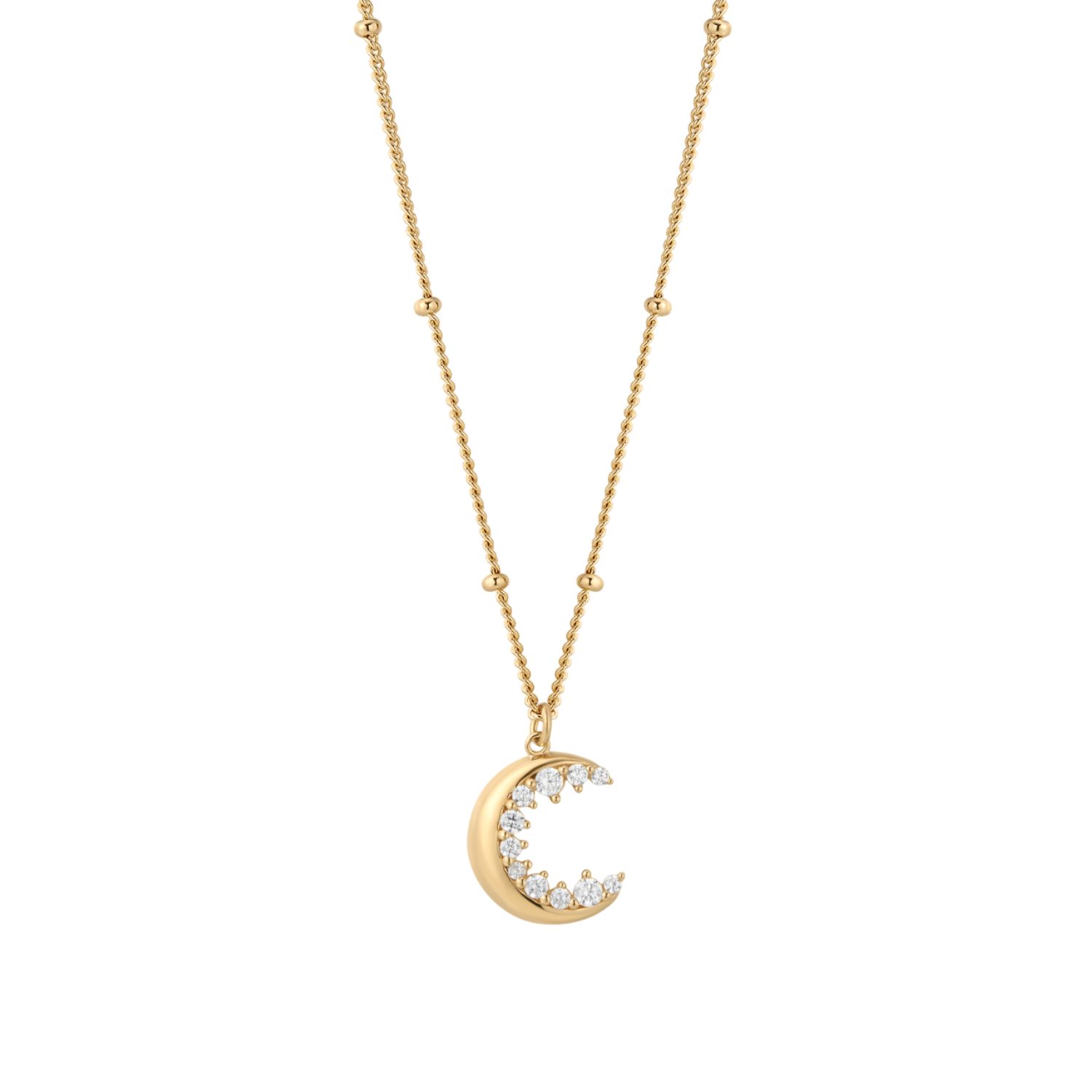 Crescent Moon Crystal Charm Beaded Necklace In Gold