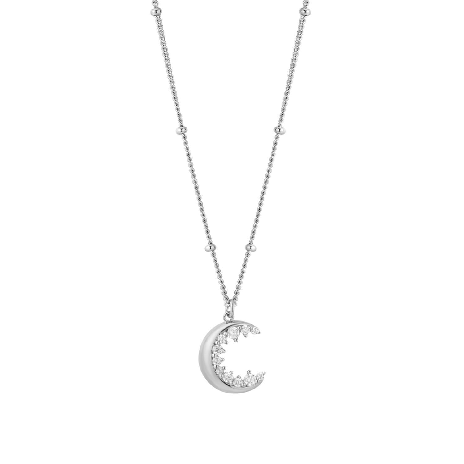 Crescent Moon Crystal Charm Beaded Necklace In Silver