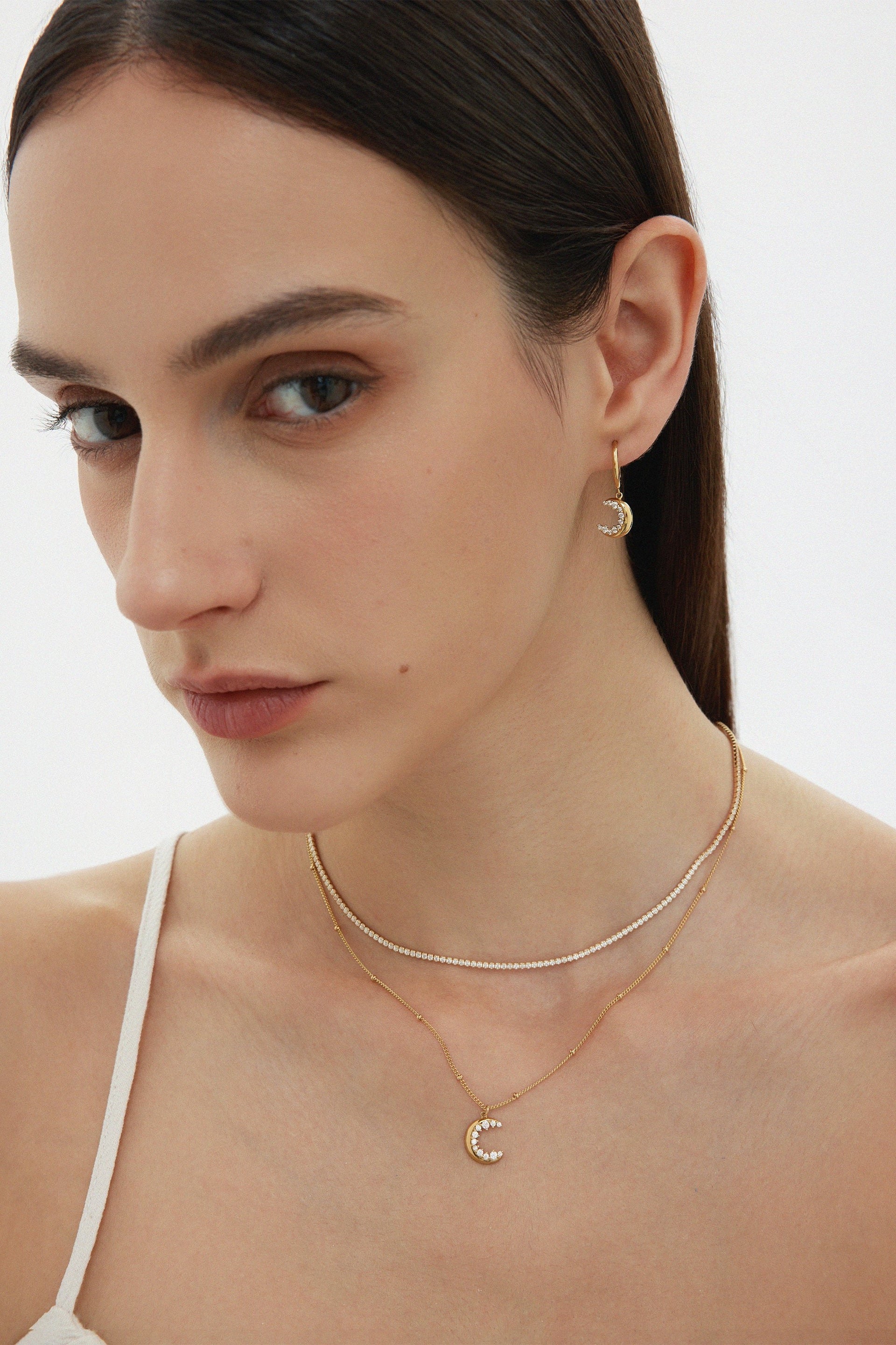 Crescent Moon Crystal Charm Hoops In Gold