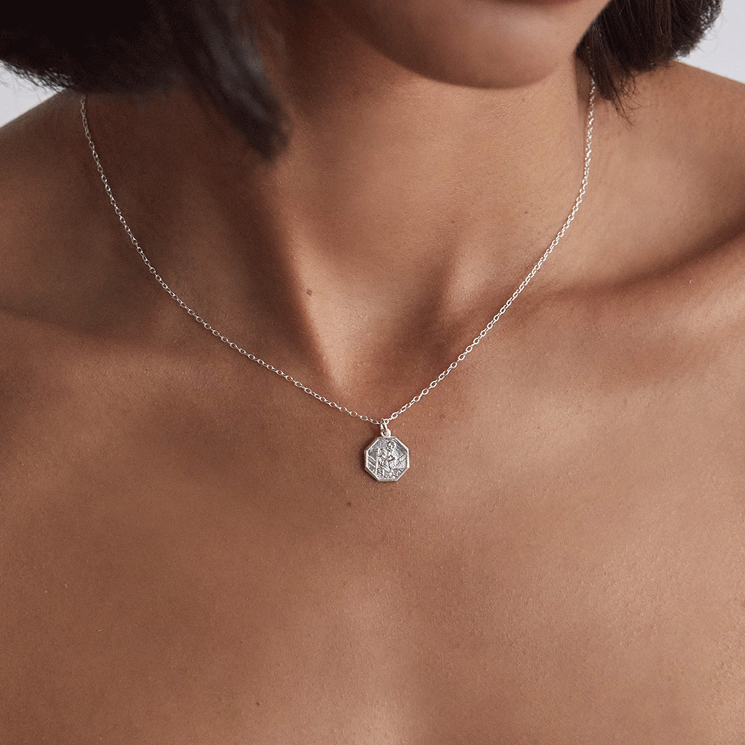 Silver Small Octagonal St Christopher Necklace