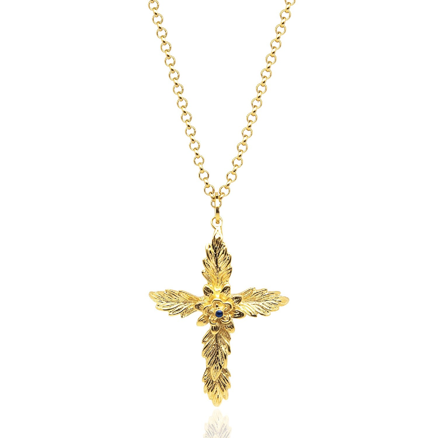 Cross Amen Necklace Gold-Plated With Natural Sapphire