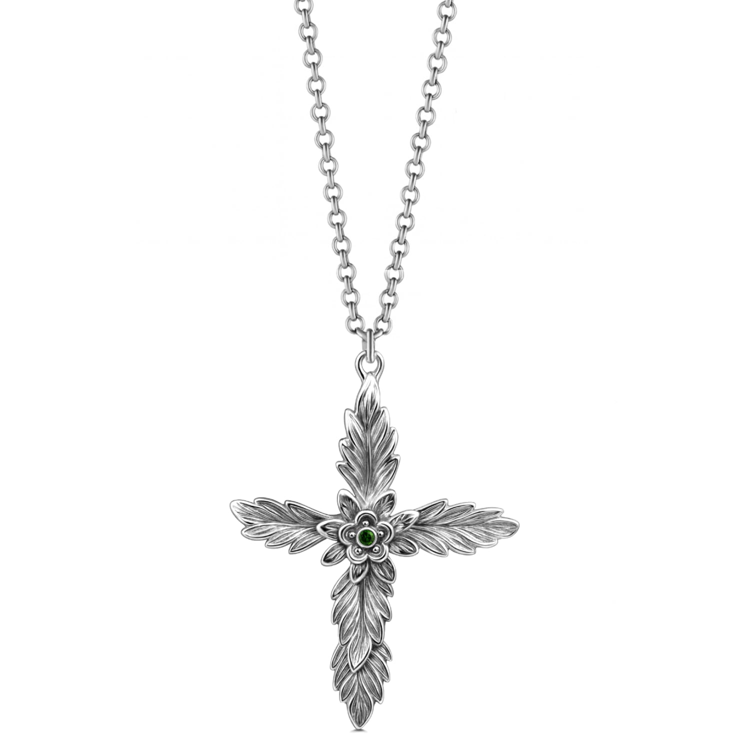 Cross Amen Necklace In Sterling Silver With Natural Emerald - Elegant Jewelry For Women