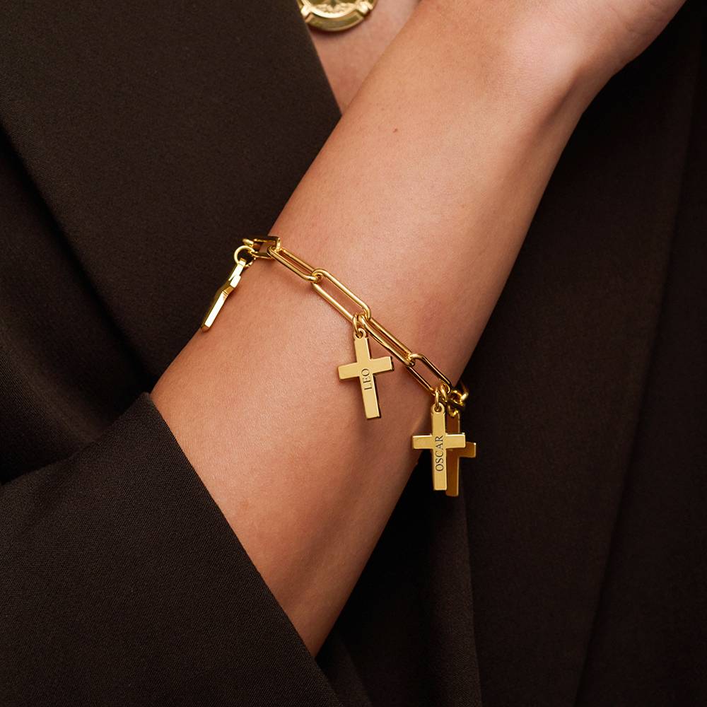 Cross Chain Link Bracelet with Custom Charms in 18K Gold Plating