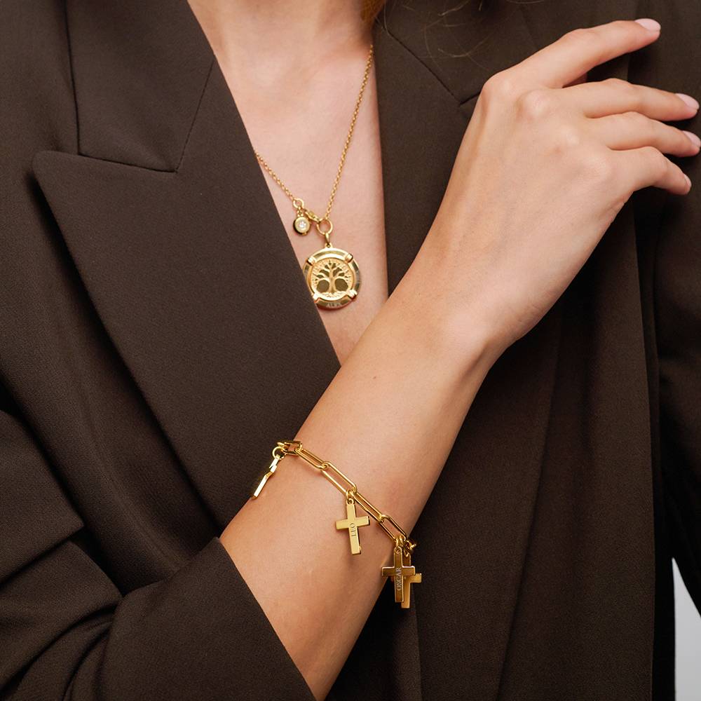 Cross Chain Link Bracelet with Custom Charms in 18K Gold Vermeil