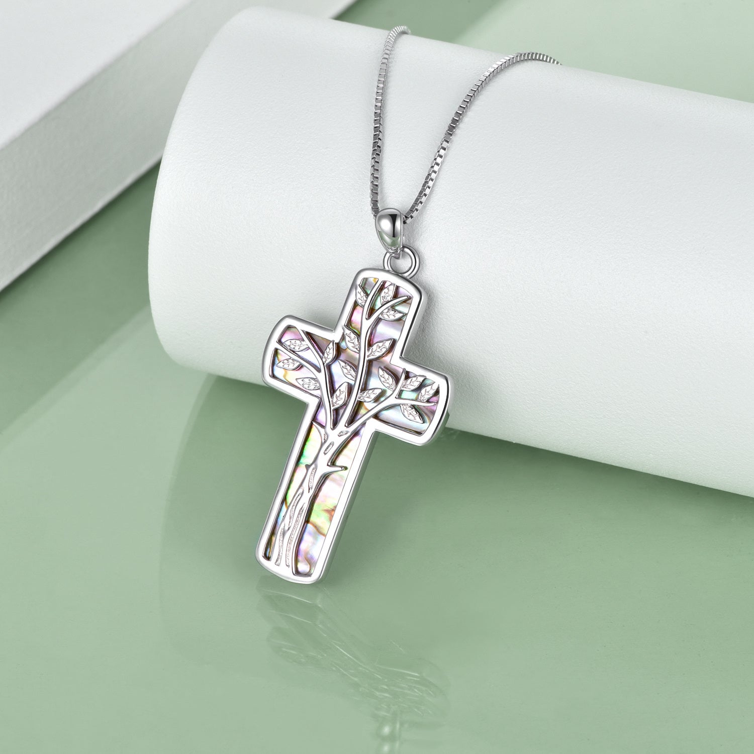 Sterling Silver Abalone Shellfish Tree Of Life & Cross Pendant Necklace for Women