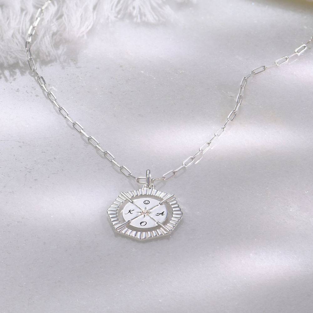 Crown Compass Necklace with Cubic Zirconia in Sterling Silver