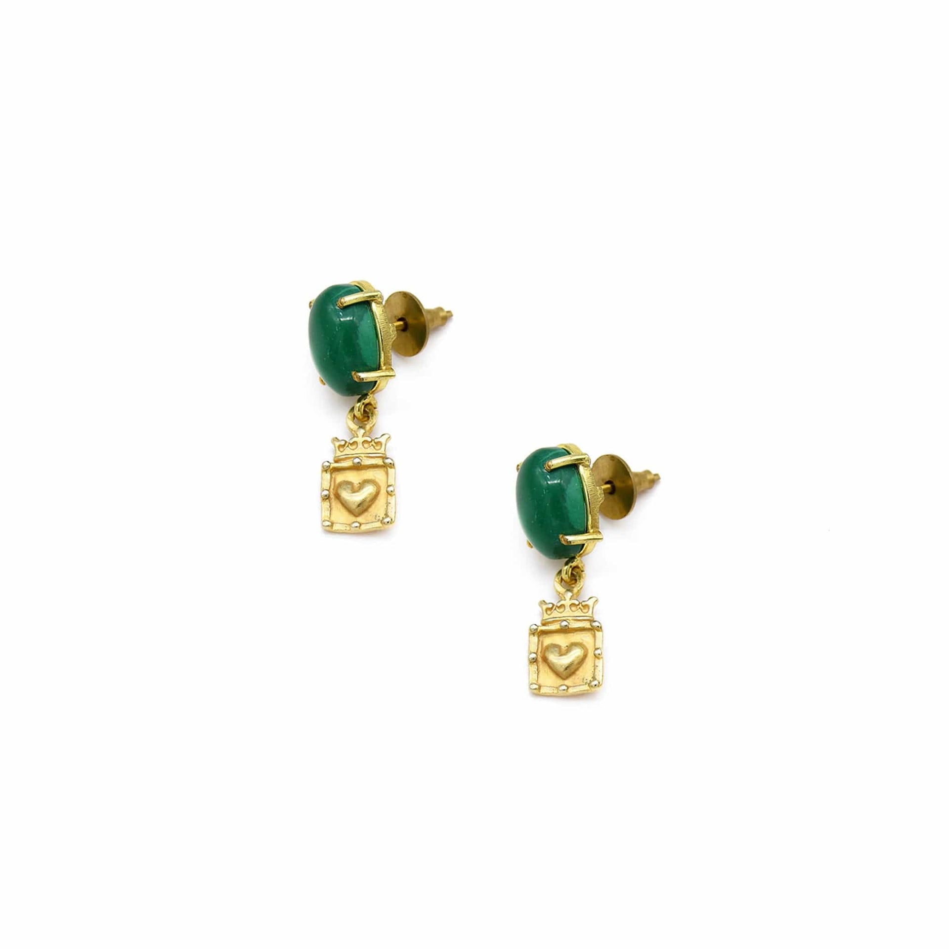 Crown Framed Heart Malachite Handmade Drop Earring