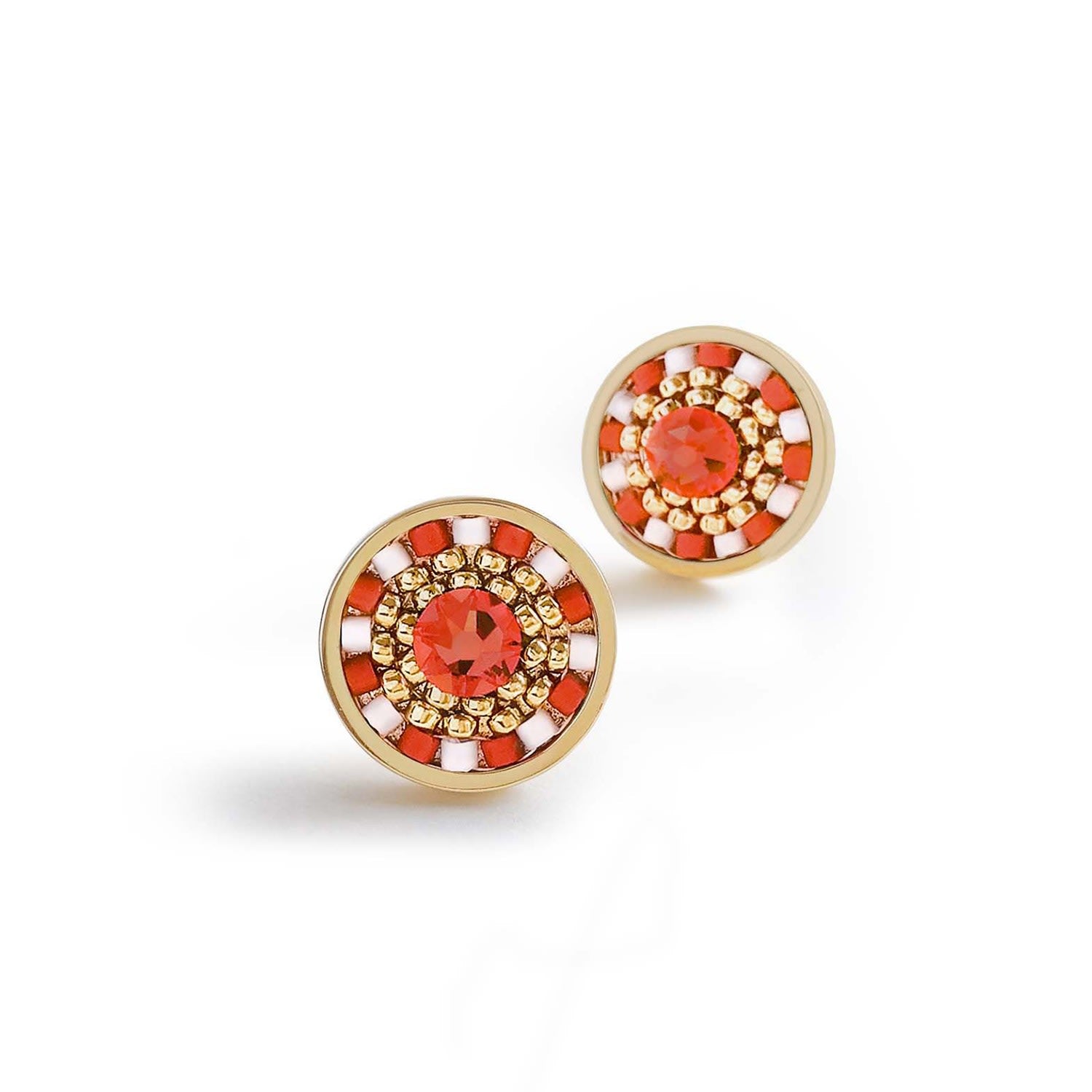 Striped Medallion Stud Earrings - Coral