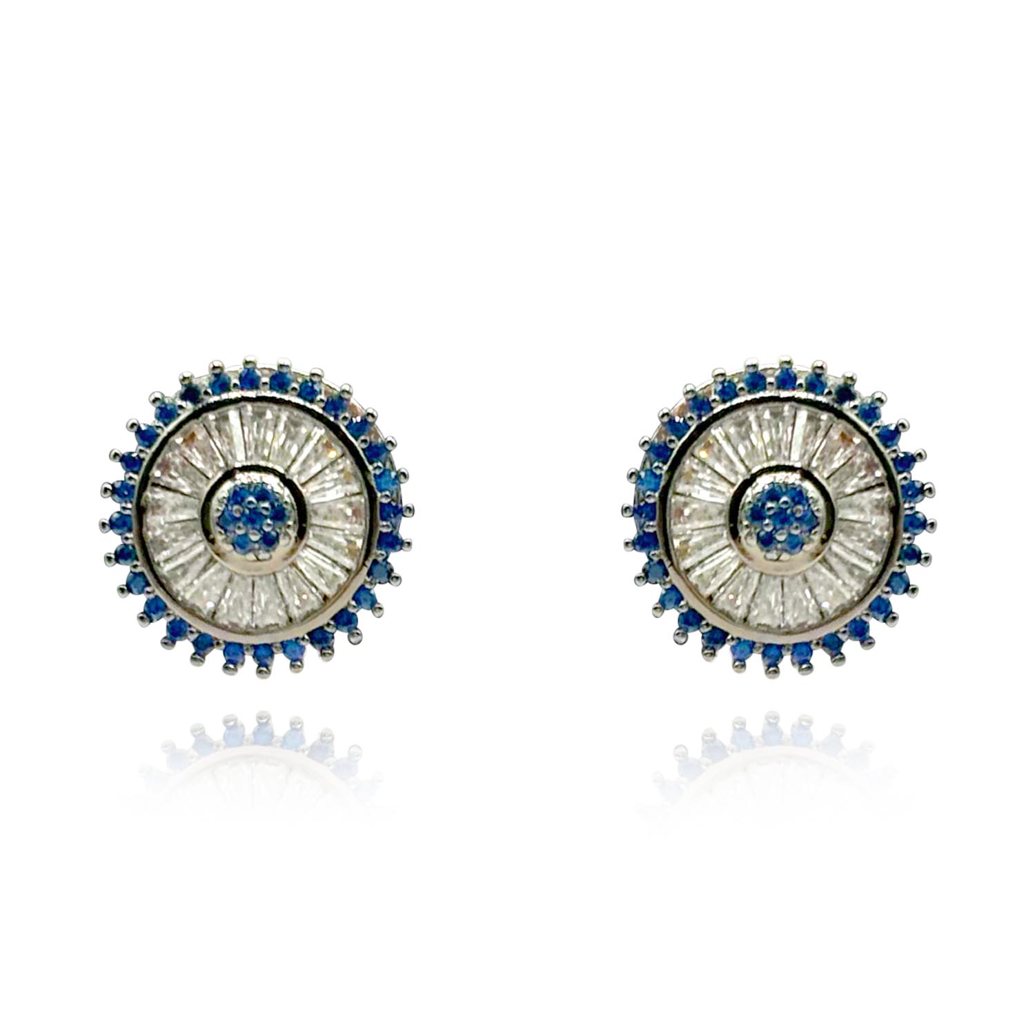 Crystal Baguette And Sapphire Crystal Clip-On Button Earrings