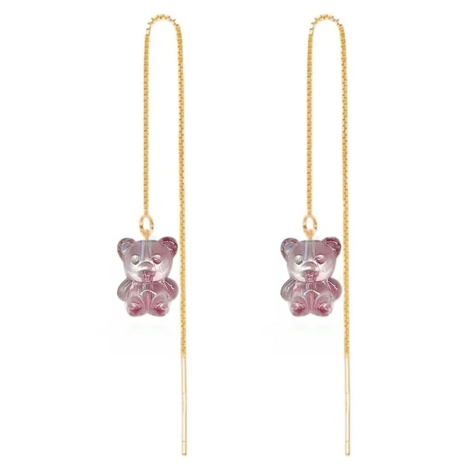 Crystal Bear Threader Earrings - Pink