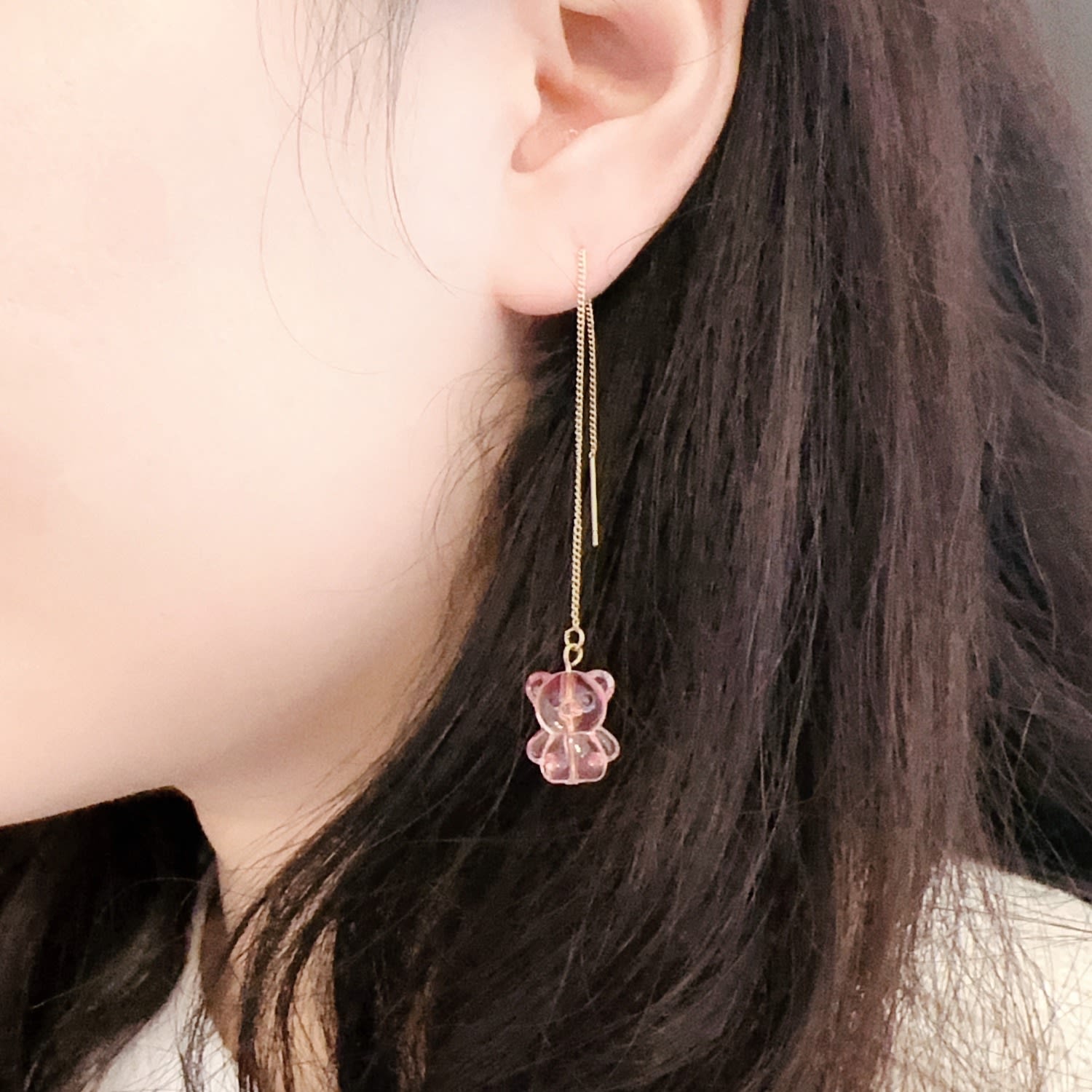 Crystal Bear Threader Earrings - Pink