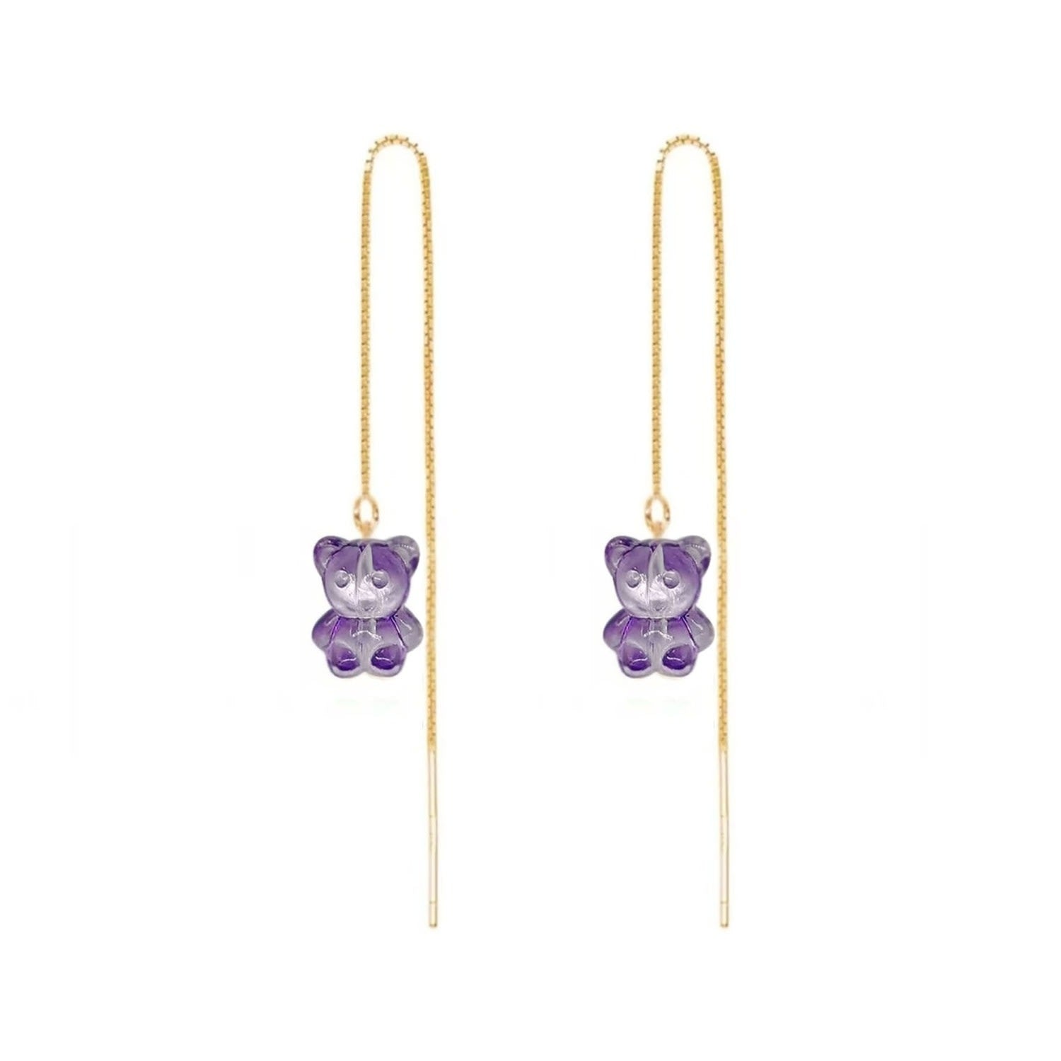 Crystal Bear Threader Earrings - Purple