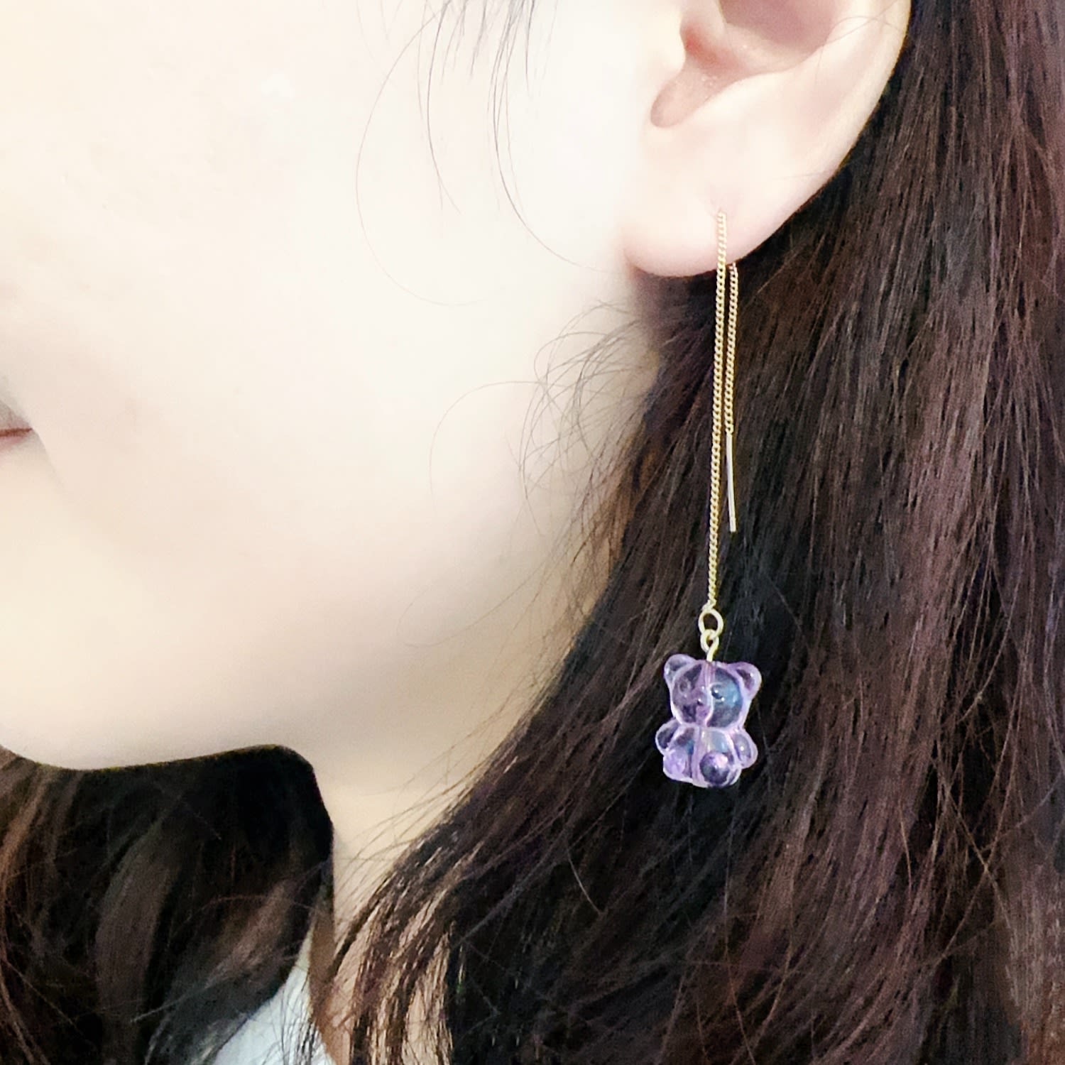 Crystal Bear Threader Earrings - Purple