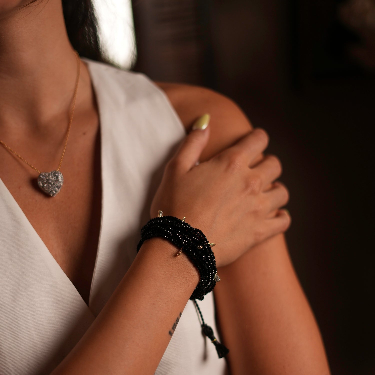 Crystal & Diamond Multi Strand Black Adjustable Bracelet - Black