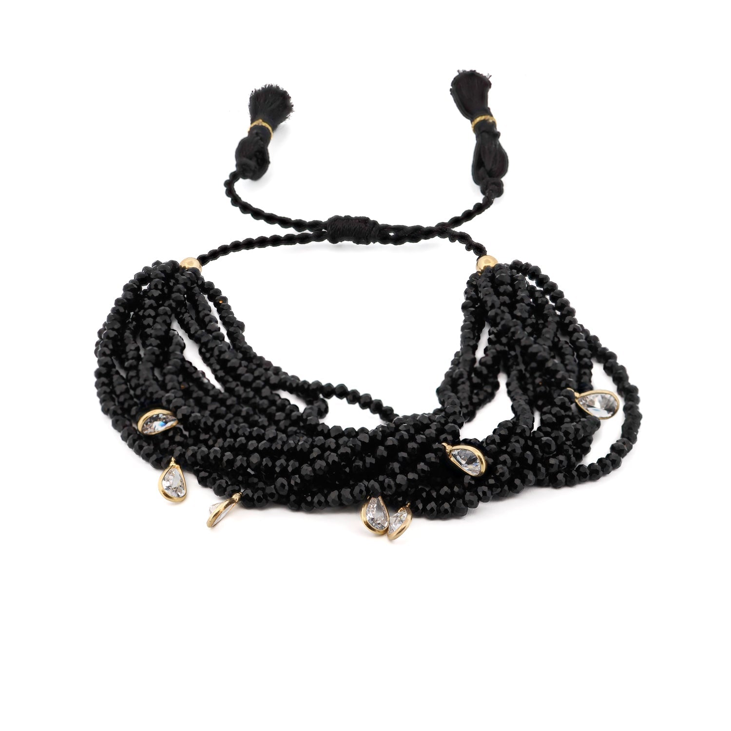 Crystal & Diamond Multi Strand Black Adjustable Bracelet - Black