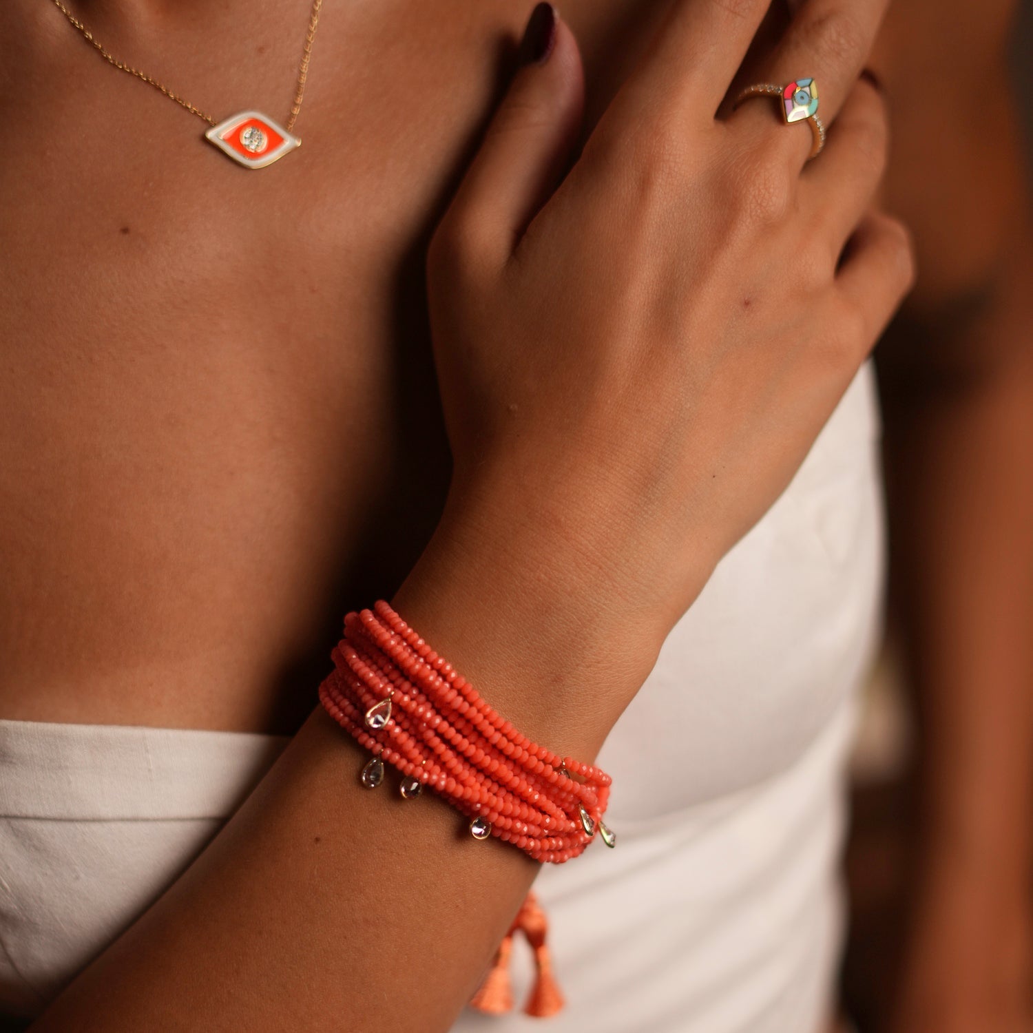 Crystal & Diamond Multi Strand Orange Adjustable Bracelet - Orange
