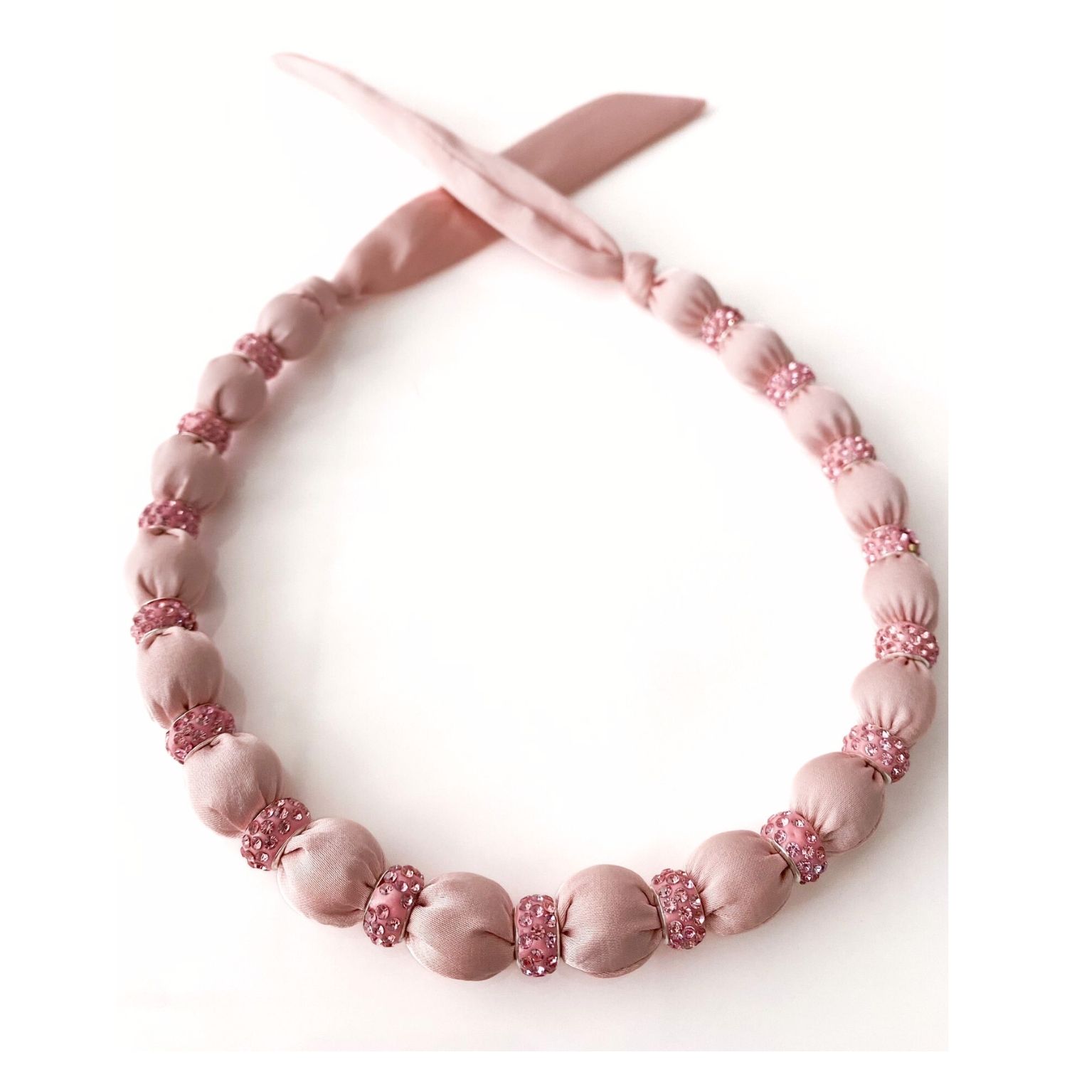Crystal Embellished Beaded Necklace On Luxe Pink Satin