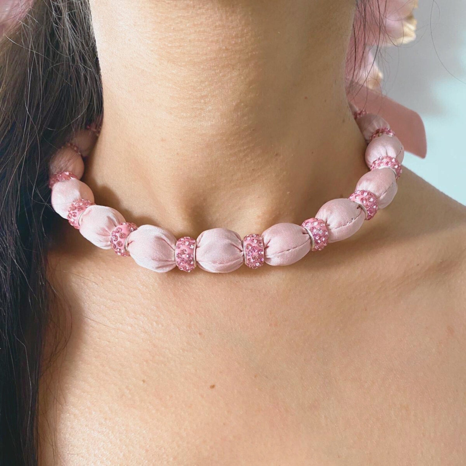 Crystal Embellished Beaded Necklace On Luxe Pink Satin